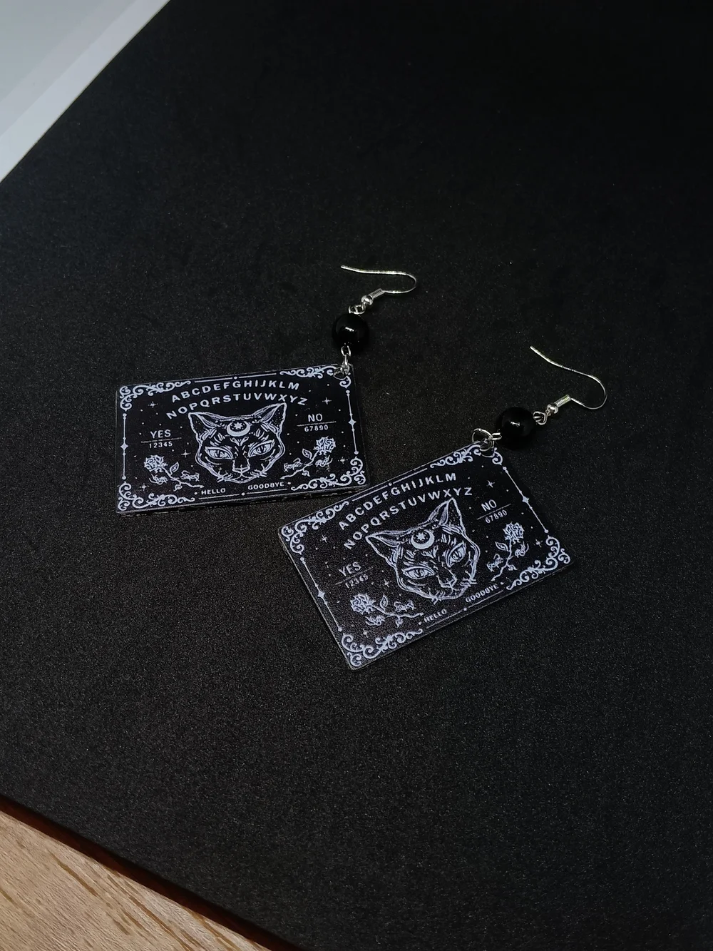 Mystic Cat Ouija Board Dangle Earrings - Black